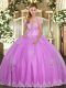 Dynamic Lilac Ball Gowns Appliques Quinceanera Dresses Lace Up Tulle Sleeveless Floor Length