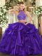 Purple Two Pieces Beading and Ruffled Layers Sweet 16 Dresses Criss Cross Organza Sleeveless Floor Length