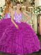Best Floor Length Lace Up Ball Gown Prom Dress Fuchsia for Sweet 16 and Quinceanera with Beading and Appliques and Ruffles