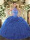 Fabulous Halter Top Sleeveless Organza Quinceanera Dresses Beading and Embroidery and Ruffles Lace Up