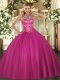 Custom Design Hot Pink Ball Gowns Halter Top Sleeveless Satin Floor Length Lace Up Beading 15 Quinceanera Dress