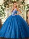 Fantastic Sleeveless Floor Length Beading Lace Up Quinceanera Gowns with Blue