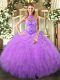 High Class Halter Top Sleeveless Quince Ball Gowns Floor Length Beading and Ruffles Lavender Organza