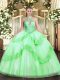 Perfect Sleeveless Floor Length Appliques and Sequins Lace Up Quince Ball Gowns with Apple Green