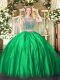 Luxury Satin Scoop Sleeveless Lace Up Beading Quinceanera Gown in Green