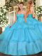 Ideal Aqua Blue Quince Ball Gowns Military Ball and Sweet 16 and Quinceanera with Beading and Ruffled Layers Sweetheart Sleeveless Lace Up