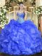 Top Selling Blue Organza Lace Up Quinceanera Dress Sleeveless Floor Length Beading and Ruffles