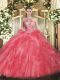 Gorgeous Floor Length Coral Red Quinceanera Gown Halter Top Sleeveless Lace Up