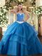 Vintage Floor Length Baby Blue Quinceanera Dress Tulle Sleeveless Appliques and Ruffled Layers