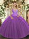 Pretty Beading Quinceanera Gowns Purple Lace Up Sleeveless Floor Length