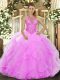 Sleeveless Organza Floor Length Lace Up Quince Ball Gowns in Rose Pink with Beading and Ruffles