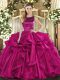 Fuchsia Ball Gowns Scoop Sleeveless Organza Floor Length Lace Up Ruffles Quinceanera Dress
