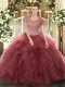 Burgundy Scoop Clasp Handle Beading and Ruffled Layers 15th Birthday Dress Sleeveless