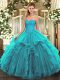Teal Tulle Lace Up Quinceanera Dresses Sleeveless Floor Length Beading and Ruffles
