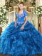 New Arrival Blue Organza Lace Up Quinceanera Dress Sleeveless Floor Length Beading and Ruffles and Pick Ups