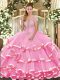Fine Rose Pink Lace Up Strapless Appliques and Ruffled Layers Quinceanera Gown Organza Sleeveless