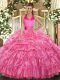 Fitting Rose Pink Ball Gowns Ruffled Layers and Pick Ups Sweet 16 Quinceanera Dress Lace Up Organza Sleeveless Floor Length