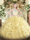 Gold Quinceanera Gown Tulle Brush Train Sleeveless Lace and Ruffles