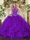 Unique Purple Ball Gowns Scoop Sleeveless Tulle Floor Length Zipper Beading and Ruffles Sweet 16 Quinceanera Dress