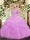 Perfect Lilac Ball Gowns Lace and Ruffles and Pick Ups 15th Birthday Dress Lace Up Organza Sleeveless Floor Length