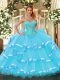 Most Popular Organza Sweetheart Sleeveless Lace Up Beading and Ruffled Layers Sweet 16 Dress in Aqua Blue