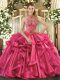 Graceful Hot Pink Halter Top Lace Up Beading and Embroidery and Ruffles Quinceanera Dresses Sleeveless