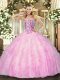Customized Floor Length Ball Gowns Sleeveless Rose Pink Quinceanera Dresses Lace Up