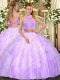 Stunning Lilac Tulle Criss Cross Halter Top Sleeveless Floor Length Sweet 16 Quinceanera Dress Beading and Ruffles