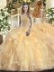 Flare Floor Length Champagne Vestidos de Quinceanera High-neck Sleeveless Lace Up