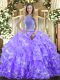 Fashion Lavender Sweet 16 Dress Military Ball and Sweet 16 and Quinceanera with Beading and Ruffled Layers High-neck Sleeveless Lace Up