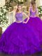 Sleeveless Floor Length Beading and Ruffles Lace Up Sweet 16 Quinceanera Dress with Purple