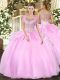 Floor Length Clasp Handle Quinceanera Gown Baby Pink for Military Ball and Sweet 16 and Quinceanera with Beading and Ruffles