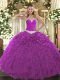 Cheap Fuchsia Ball Gowns Sweetheart Sleeveless Organza Floor Length Lace Up Appliques and Ruffles Quinceanera Gowns