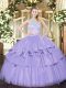 Lavender Sleeveless Floor Length Lace and Ruffled Layers Zipper Quince Ball Gowns