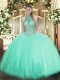 Apple Green Ball Gowns Beading Quince Ball Gowns Lace Up Tulle Sleeveless Floor Length