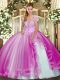 Popular Fuchsia Ball Gowns Strapless Sleeveless Tulle Floor Length Lace Up Appliques and Ruffles Quinceanera Dress