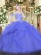 Custom Design Blue Lace Up Off The Shoulder Beading and Ruffles Ball Gown Prom Dress Tulle Sleeveless