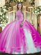 Fuchsia Ball Gowns Tulle High-neck Sleeveless Beading and Ruffles Floor Length Lace Up Quinceanera Dresses