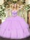 Lavender Sleeveless Floor Length Beading and Ruffled Layers Lace Up Sweet 16 Dress