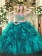 Teal Two Pieces Beading and Ruffles Sweet 16 Quinceanera Dress Lace Up Organza Sleeveless Floor Length