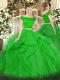Traditional Short Sleeves Tulle Floor Length Zipper Quinceanera Gown in Green with Appliques and Ruffles