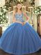 Attractive Navy Blue Lace Up Straps Appliques Quince Ball Gowns Tulle Sleeveless