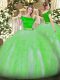 Green Two Pieces Off The Shoulder Short Sleeves Tulle Floor Length Zipper Appliques and Ruffles 15 Quinceanera Dress