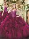 Perfect Fuchsia Organza Lace Up V-neck Sleeveless Floor Length Sweet 16 Dress Beading and Ruffles