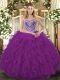 Fuchsia Tulle Lace Up Sweet 16 Dress Sleeveless Floor Length Beading and Ruffled Layers