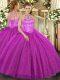 Chic Beading and Embroidery and Sequins Quinceanera Gowns Fuchsia Lace Up Sleeveless Floor Length
