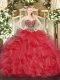 Smart Floor Length Lace Up Quince Ball Gowns Coral Red for Military Ball and Sweet 16 and Quinceanera with Beading