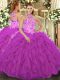 Halter Top Sleeveless Lace Up Quinceanera Gowns Fuchsia Organza
