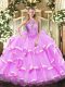 Fantastic Floor Length Lilac Ball Gown Prom Dress Halter Top Sleeveless Lace Up