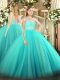 Pretty Floor Length Zipper Ball Gown Prom Dress Turquoise for Military Ball and Sweet 16 and Quinceanera with Beading and Lace